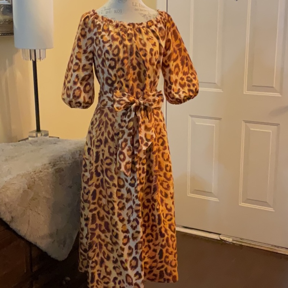 Kate Spade NY Panthera Puff Sleeve Animal Print Midi Dress